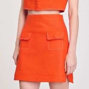 Sandro Bright Orange Mini Linen Skirt with Front Pockets